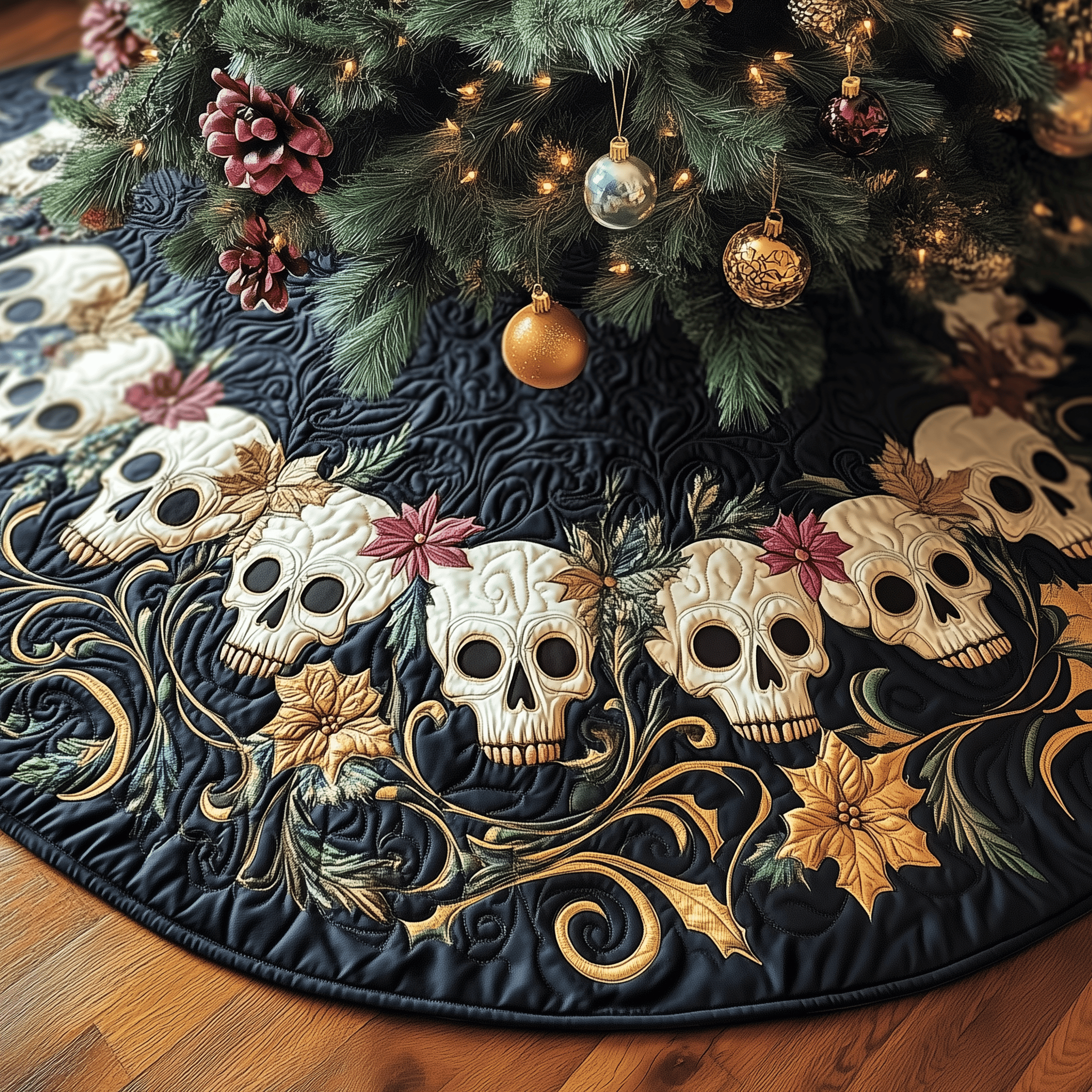 Vintage Floral Skull Quilted Tree Skirt A Safe and Stylish Tree Skirt for Your Family's Happiness Vintage Floral Skull Quilted Tree Skirt A Safe and Stylish Tree Skirt for Your Family's Happiness