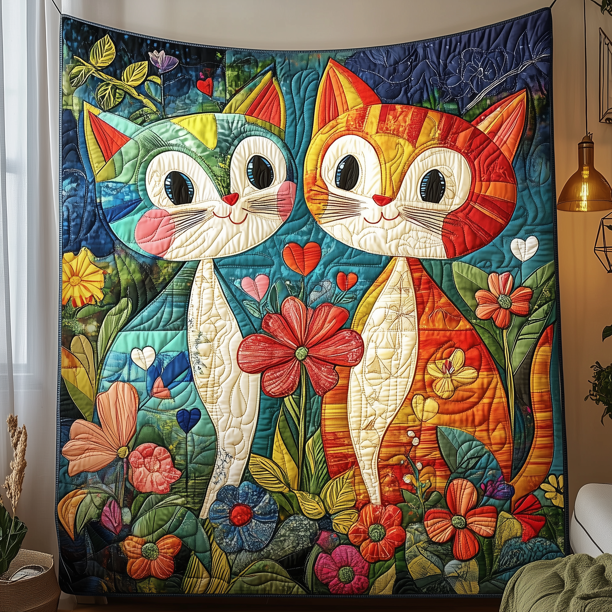 Whimsical Cat Couple Quilted Blanket Throw Blankets For Couch Cat And Owner Gifts Whimsical Cat Couple Quilted Blanket Throw Blankets For Couch Cat And Owner Gifts