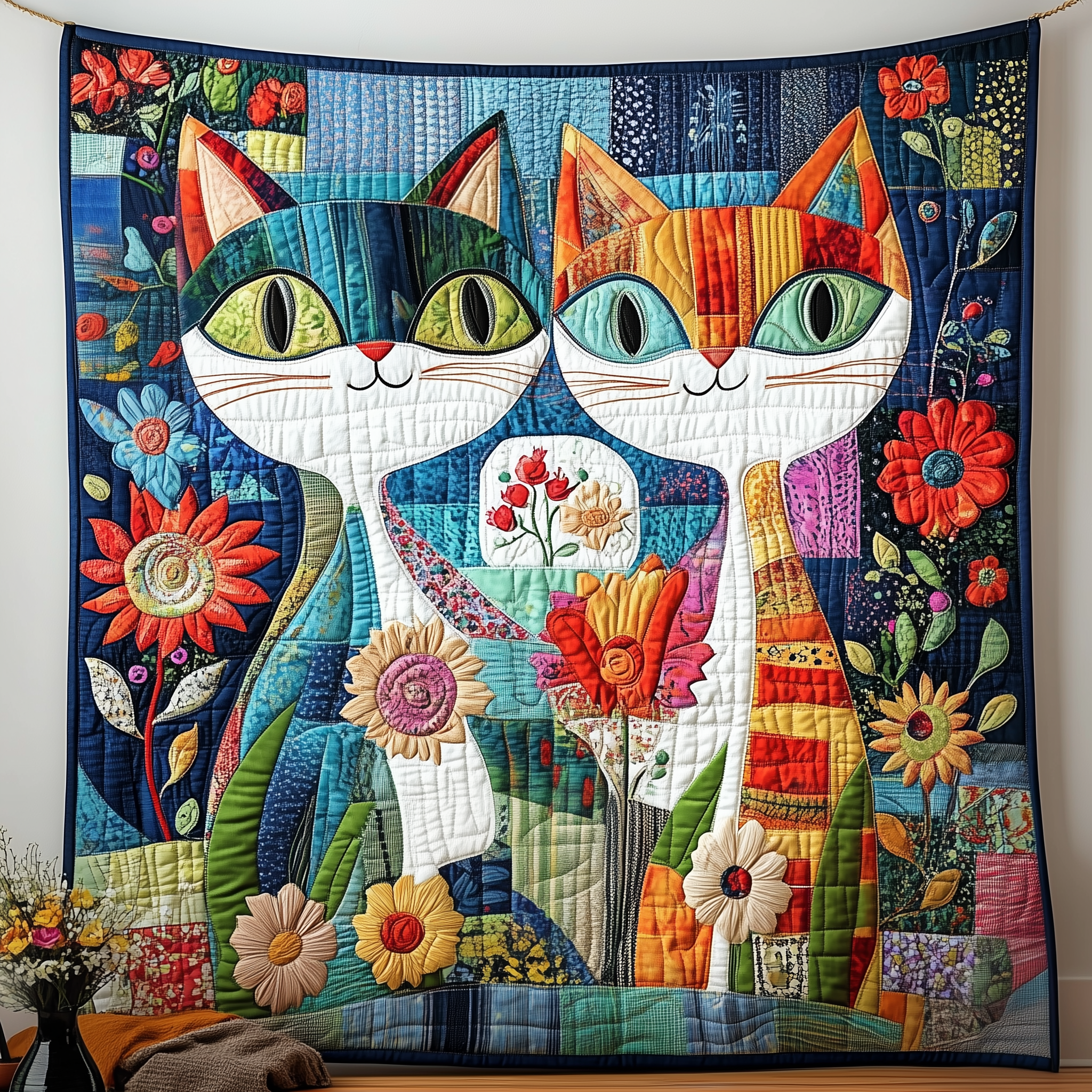 Whimsical Cat Couple Quilted Blanket Throw Blankets For Couch Cat Gifts For Women Whimsical Cat Couple Quilted Blanket Throw Blankets For Couch Cat Gifts For Women