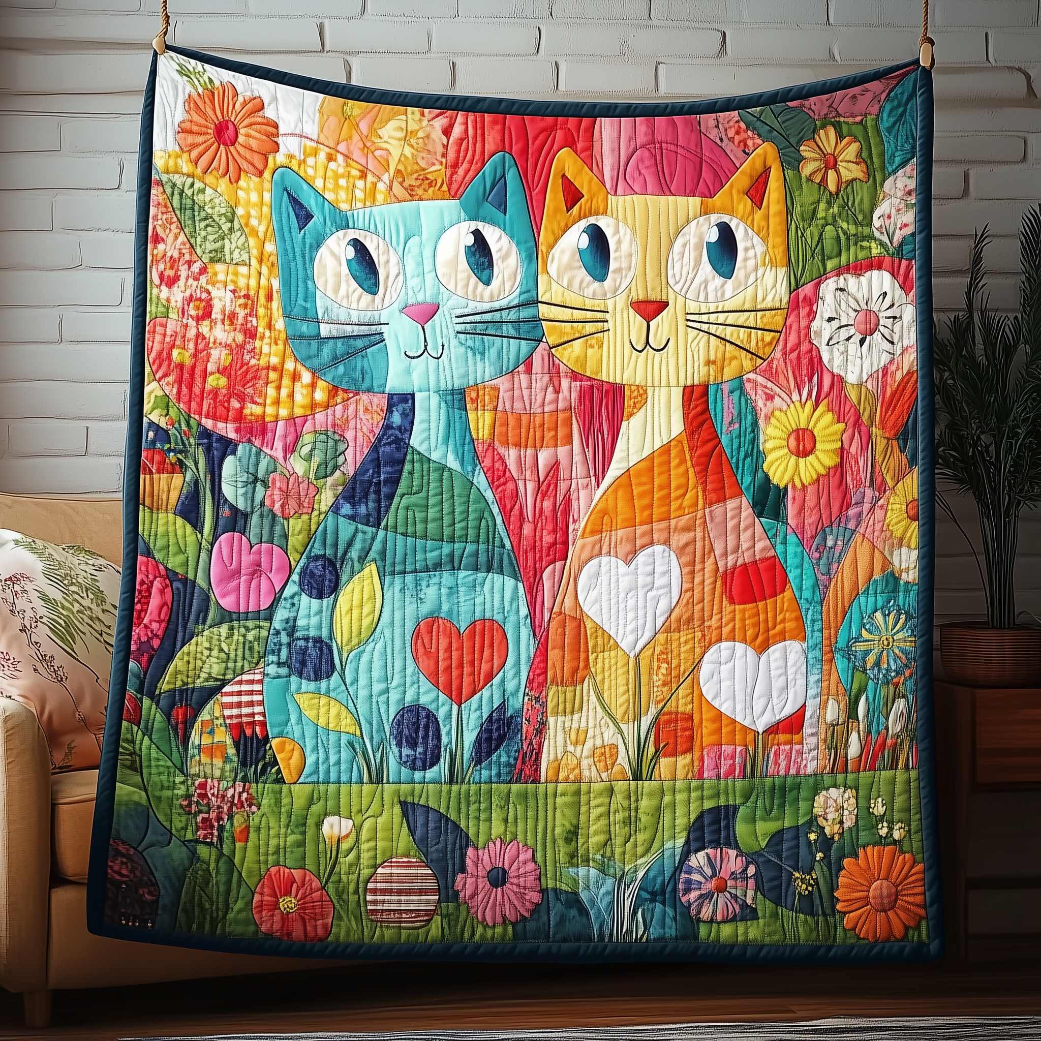 Whimsical Cat Couple Quilted Blanket Throw Blankets For Couch Cat Mom Gifts Whimsical Cat Couple Quilted Blanket Throw Blankets For Couch Cat Mom Gifts