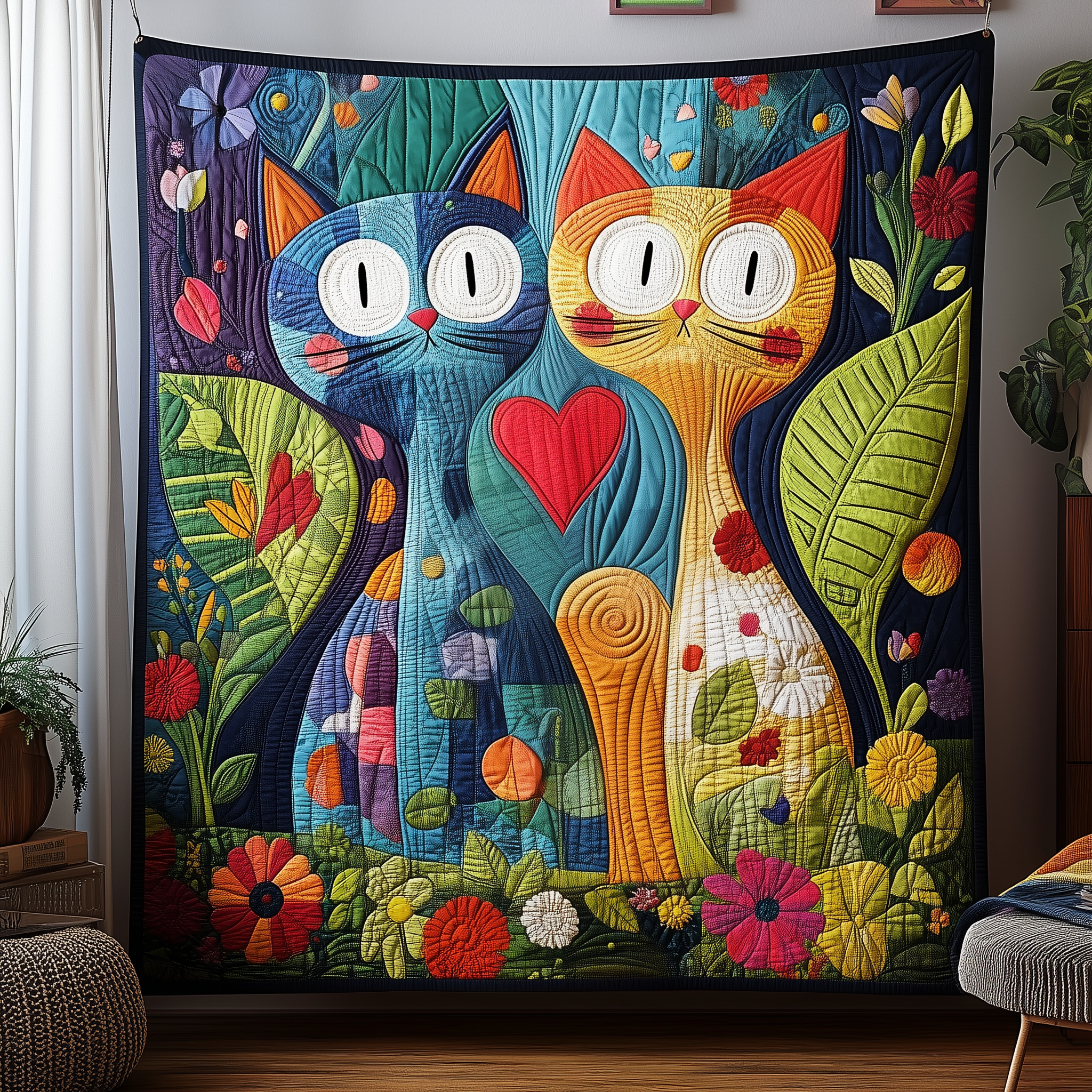 Whimsical Cat Couple Quilted Blanket Throw Blankets For Couch Gift Ideas For Cat Owners Whimsical Cat Couple Quilted Blanket Throw Blankets For Couch Gift Ideas For Cat Owners