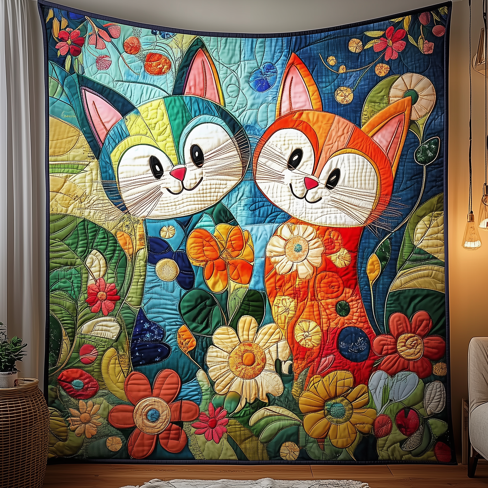 Whimsical Cat Couple Quilted Blanket Throw Blankets For Couch Gifts For Cat Owners Whimsical Cat Couple Quilted Blanket Throw Blankets For Couch Gifts For Cat Owners