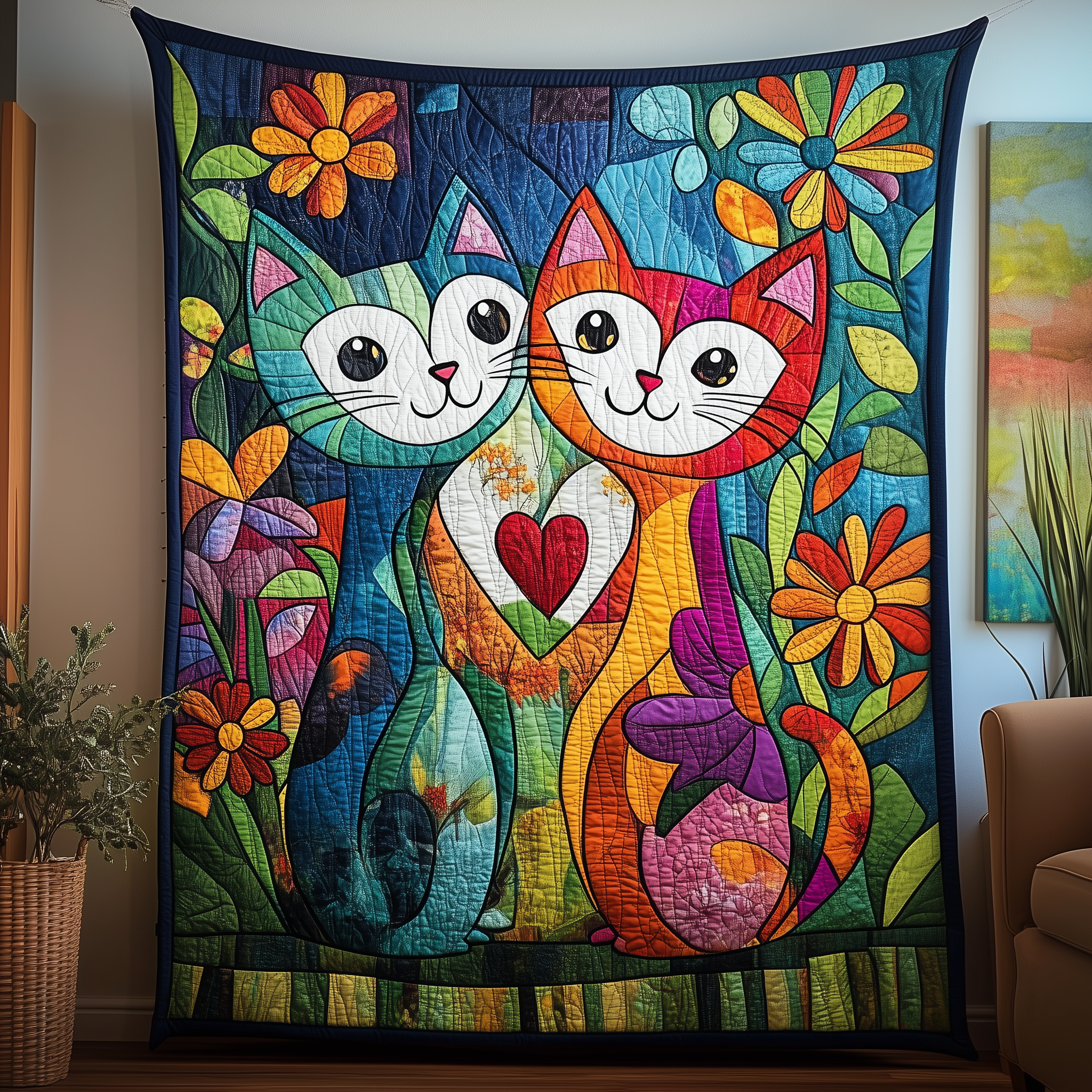 Whimsical Cat Couple Quilted Blanket Throw Blankets For Couch Presents For Cat Owners Whimsical Cat Couple Quilted Blanket Throw Blankets For Couch Presents For Cat Owners