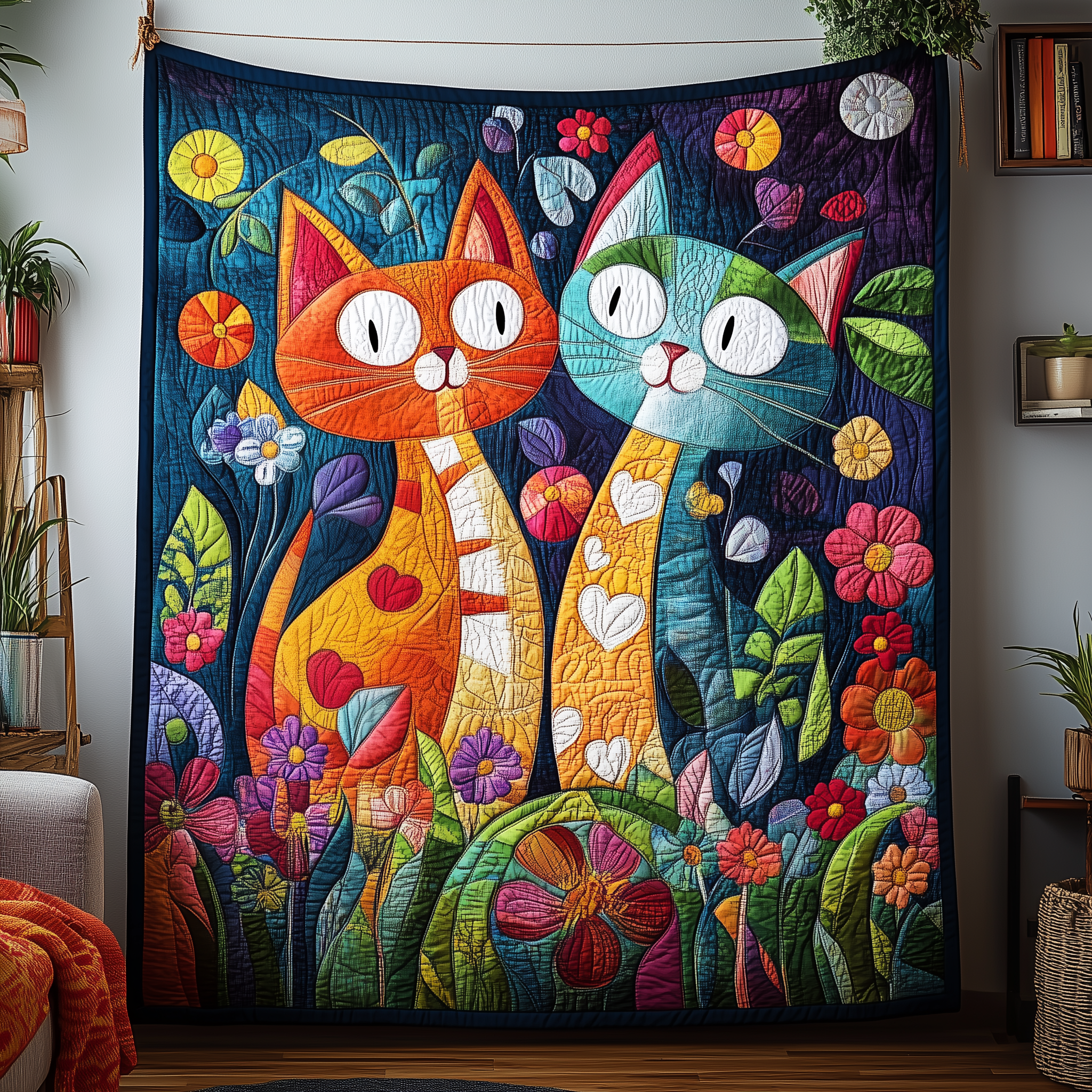 Whimsical Cat Couple Quilted Blanket Throw Blankets For Couch Unique Gifts For Cat Lovers Whimsical Cat Couple Quilted Blanket Throw Blankets For Couch Unique Gifts For Cat Lovers