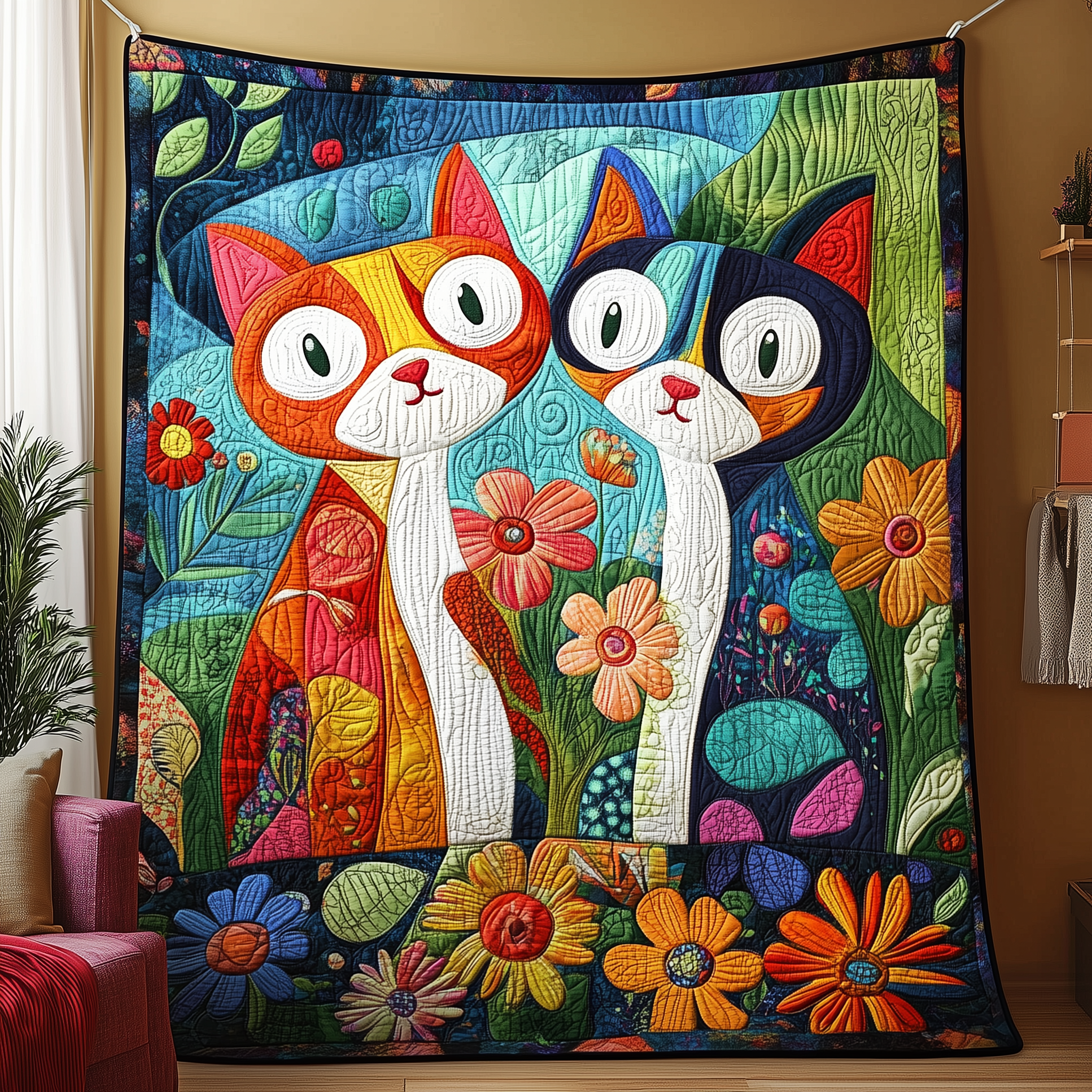 Whimsical Cat Couple Quilted Blanket Throw Blankets For Couch Unusual Gifts For Cat Lovers Whimsical Cat Couple Quilted Blanket Throw Blankets For Couch Unusual Gifts For Cat Lovers