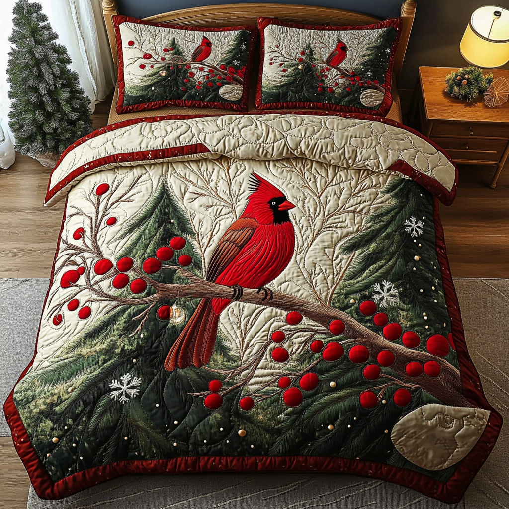 Winter Cardinal Bliss Quilted Bedding Set Cardinal Christmas Decor Winter Cardinal Bliss Quilted Bedding Set Cardinal Christmas Decor