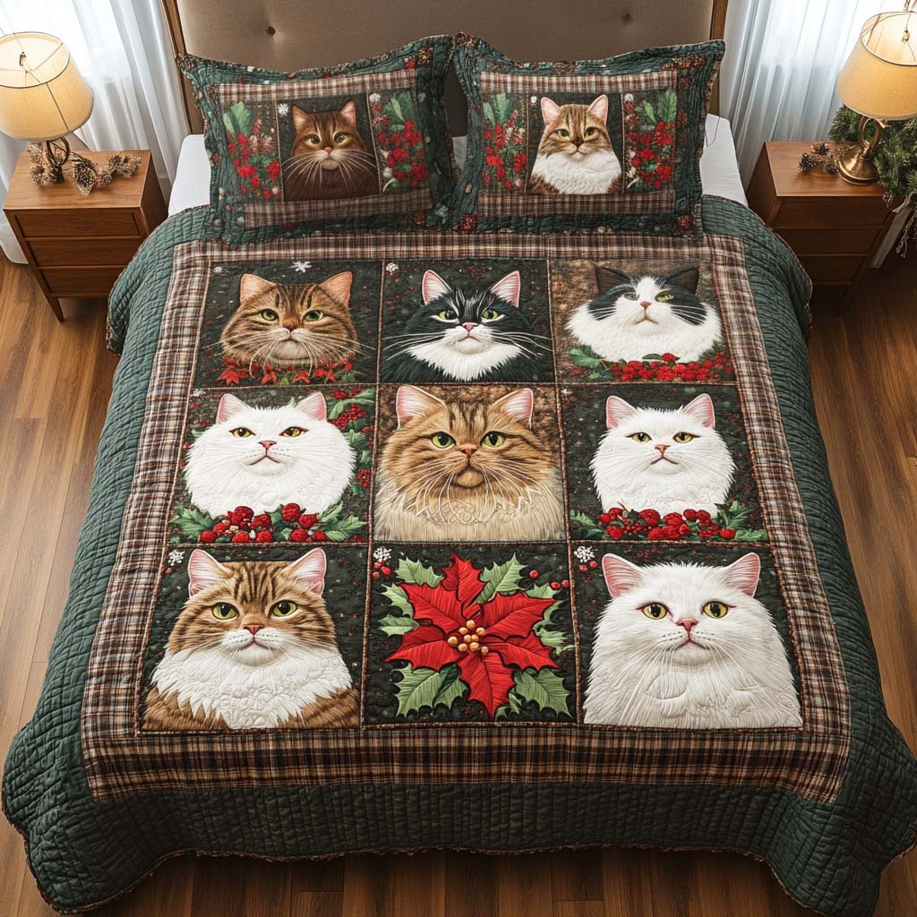 Winter Cat Delight Quilted Bedding Set Xmas Gift For Cat Winter Cat Delight Quilted Bedding Set Xmas Gift For Cat
