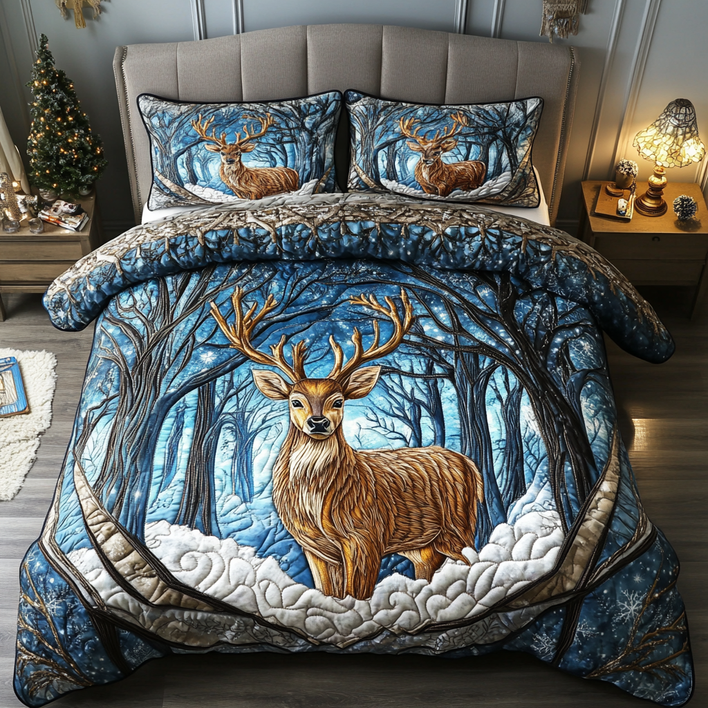 Winter Deer Bliss Quilted Bedding Set Good Gifts For Deer Hunters Winter Deer Bliss Quilted Bedding Set Good Gifts For Deer Hunters