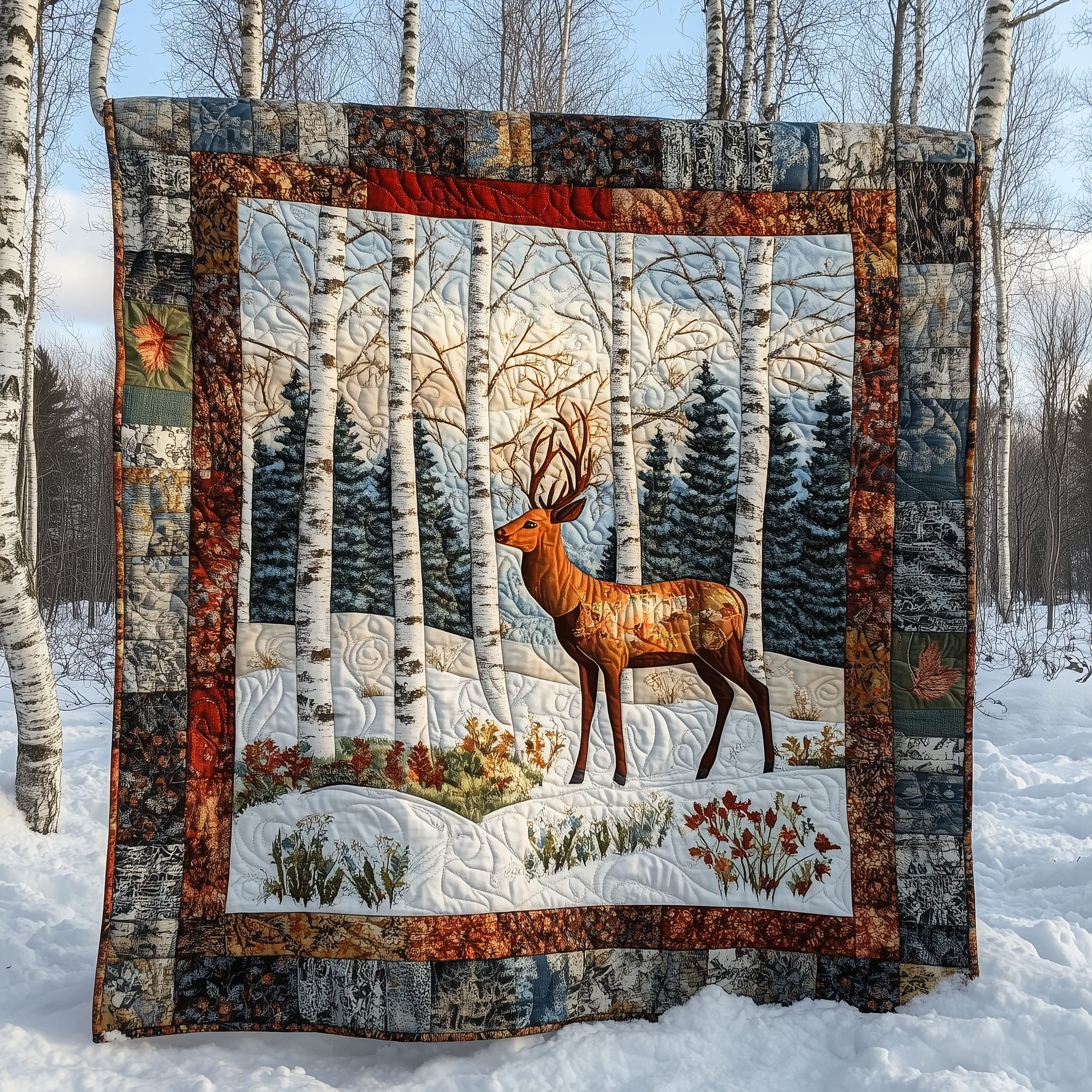 Winter Deer Quilted Blanket Nice Throw Blankets Gifts For Deer Hunters Winter Deer Quilted Blanket Nice Throw Blankets Gifts For Deer Hunters