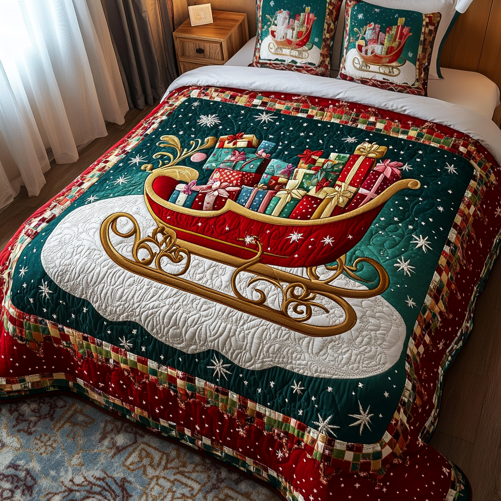 Winter Sleigh Quilted Bedding Set Ski Presents Winter Sleigh Quilted Bedding Set Ski Presents