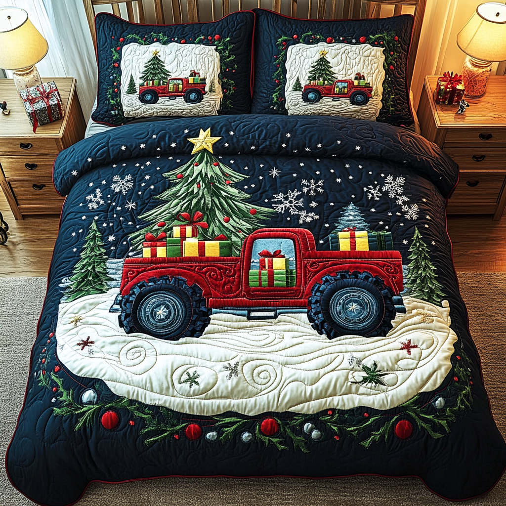 Winter Truck Rally Quilted Bedding Set Gifts To Daughter From Mom Winter Truck Rally Quilted Bedding Set Gifts To Daughter From Mom