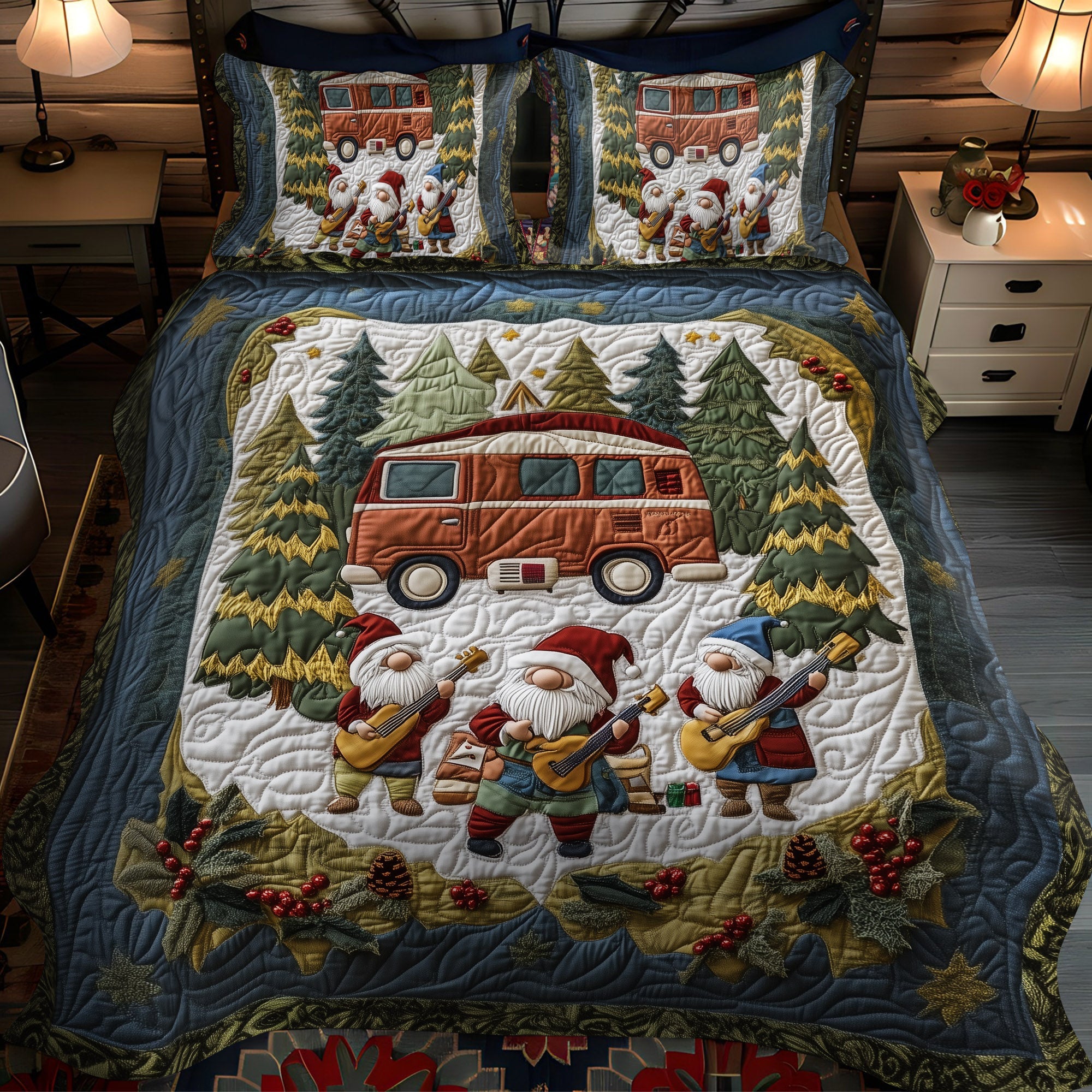 Woodland Harmony Quilted Bedding Set Christmas Gnome Gifts Woodland Harmony Quilted Bedding Set Christmas Gnome Gifts