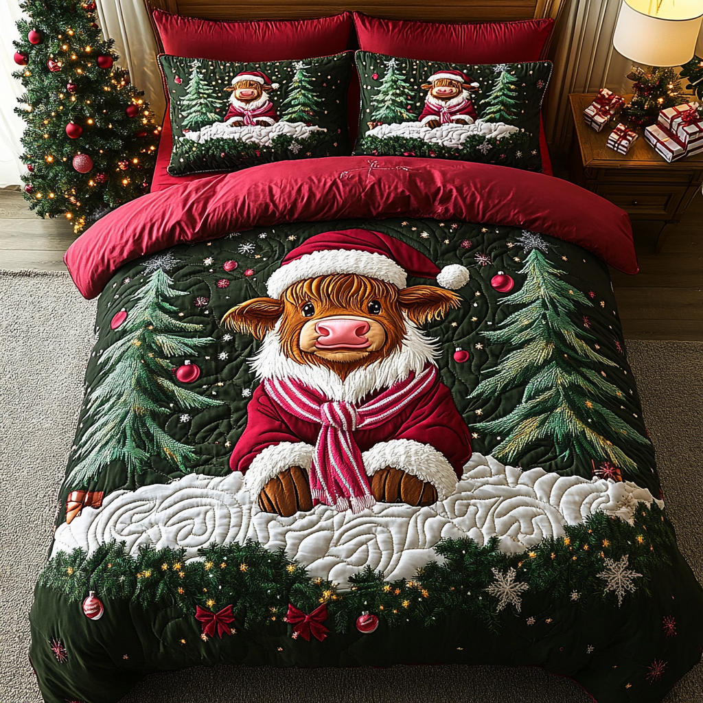 Yuletide Moo Quilted Bedding Set Gift For Cow Lover Yuletide Moo Quilted Bedding Set Gift For Cow Lover